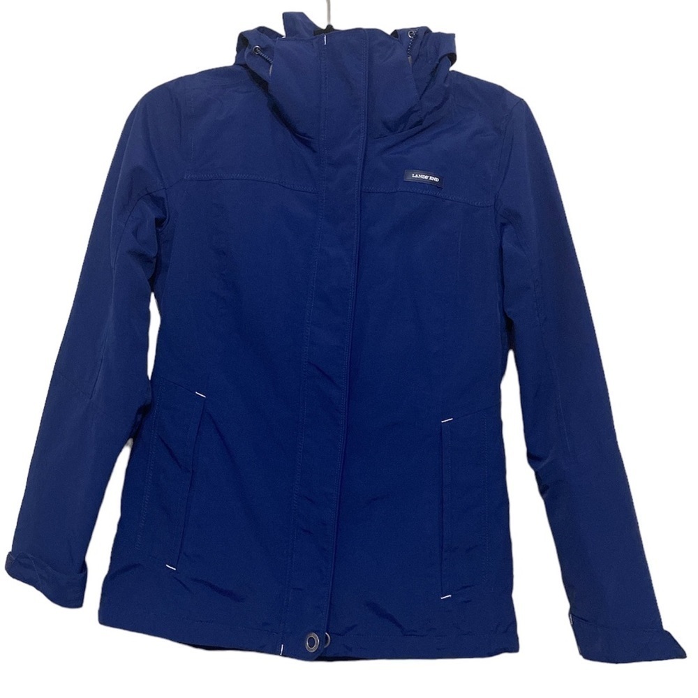 Lands End jacket coat windbreaker removable hood women XS outdoor hiking blue
